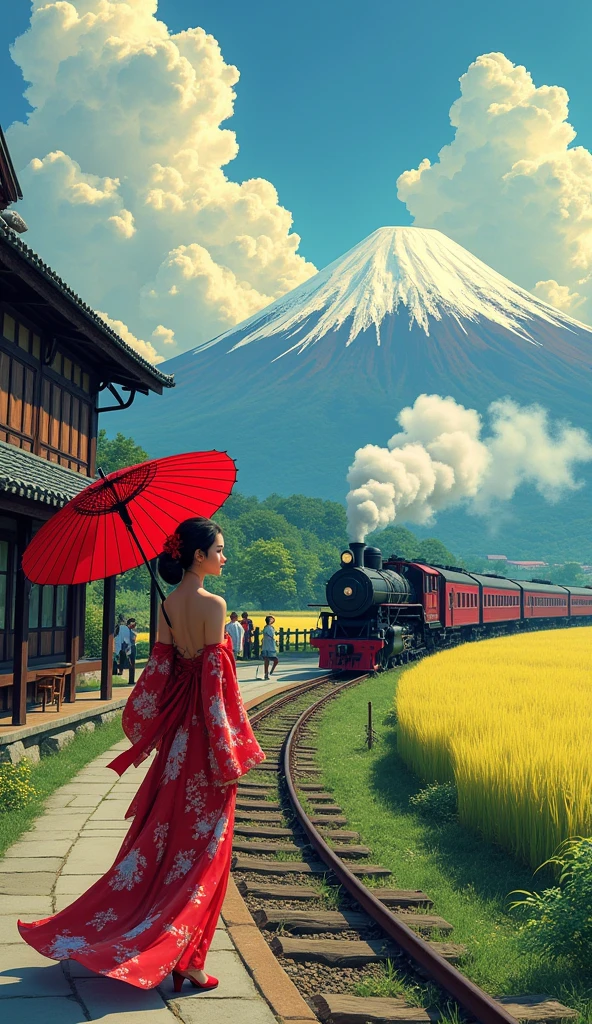 Create a vibrant rural scene with a beautiful woman in beautiful clothes holding a red umbrella standing on a very old train station with its striking blend of Western and Japanese architecture. as an old steam red train approach. The setting features lush green rice fields, curving train tracks, and towering mount Fuji in the background, all under a dramatic sky filled with large, billowing clouds. The atmosphere should evoke a sense of tranquility and anticipation, with highly detailed natural elements and vibrant, contrasting colors.