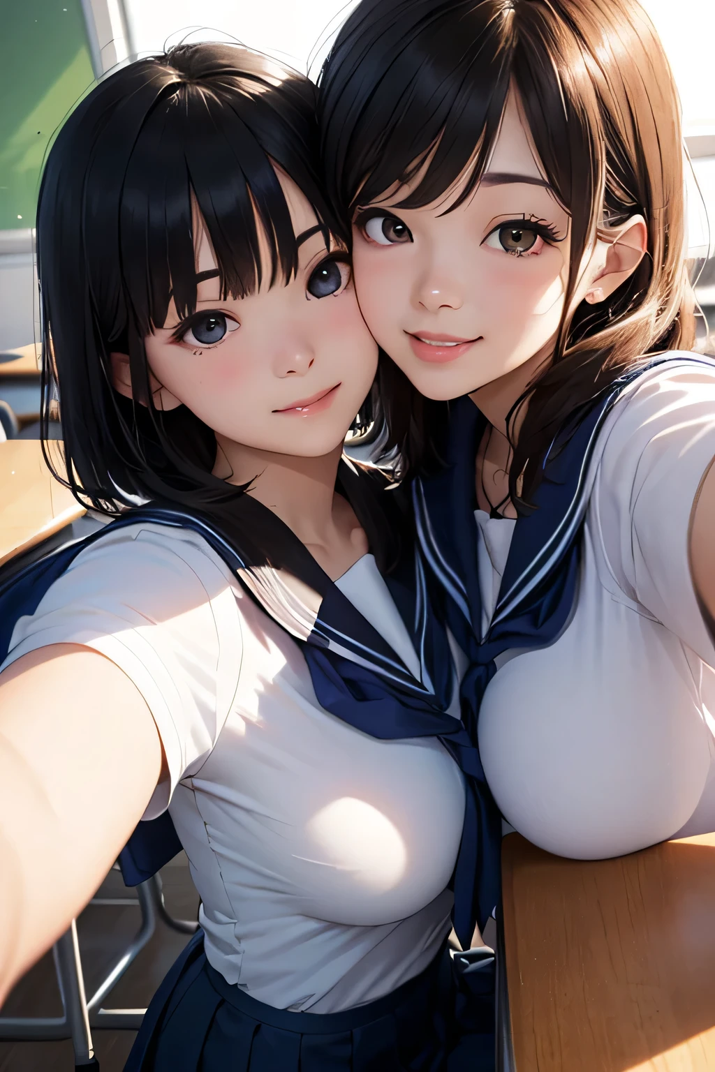 highest quality、High resolution、Detailed Background、(Beautiful face in every detail:1.4)、Anatomically correct、(Draw the usual number of fingers:1.2)、(Detailed facial expressions)、(Detailed eyes:1.2)、(Detailed eyes:1.2)、Beautiful, smooth skin、Beautiful girl in her 20s、(Huge breasts:1.3)、(Highly detailed face:1.4)、Brown Hair、Black Hair、ponytail、Bobcut、Braided long hair、Wavy Hairstyle、well-groomed eyebrows、Perfect body line、Sailor suit、light blue sailor color、Pleated skirt with tartan plaid pattern、Brightly colored school cardigans、White knee-high socks、In a joking manner、Machu Picchu Ruinysterious atmosphere、Cowboy Shot、
(Three beautiful girls standing side by side taking a selfie with big smiles:1.5)、
Lush Mountains々It is located in a beautiful location surrounded by、When the sun rises, the entire ruins shine in gold.、Clouds Mountain々The river flows through the area and envelops the ruins.、Ancient Inca stone structures come into view、
The stone steps and terraces are carefully arranged, and the higher you climb the more spectacular the views of the ruins become.、
From the top of Machu Picchu you can see a deep valley, a flowing river and a mountain range in the distance.々You can see the whole view、The lush terraces of the ruins and the sacred Inca symbols carved into the rocks blend seamlessly into nature.、At sunset, the sunlight shines on the mountain.々We will dye it.、
The orange and red lights reflect off the ruins, adding to the mysterious atmosphere.、
At night, the stars light up the ruins and the sky is filled with constellations.、
The wisdom of ancient civilizations and the mysteries of nature、Amazing beauty、people visiting々It is a place that inspires emotion and respect.、cute