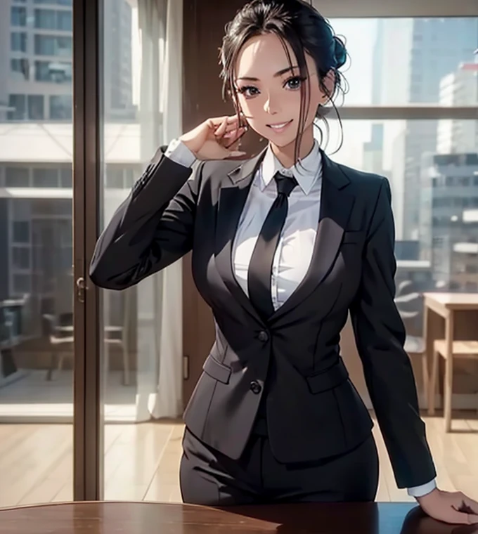 masterpiece, best quality, extremely detailed CG unity 8k wallpaper, (a beautiful girl),oil skin,intricate detail realism hdr,Photorealism, Hyperrealism, ultra realistic, dramatic light, intense shadows, gorgeous view, depth of field, Woman in ((business suit)), Hair in a bunched up updo, (Mouth open:1.1, Teeth:1.0, Smile),(((Pose to seduce a man))),business office