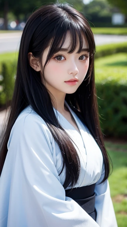 One woman、、Seventeen years old、beautiful girl、Long black hair、With bangs、Wearing a kimono、Large eyeballs are floating on both sides、