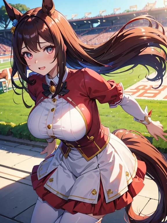 umamusume,huge breasts,racecourse,make a run,sense of movement,Glittering outfits,(revealing clothes),Big and beautiful eyes,horse tail,stooping forward,Nasty Costumes