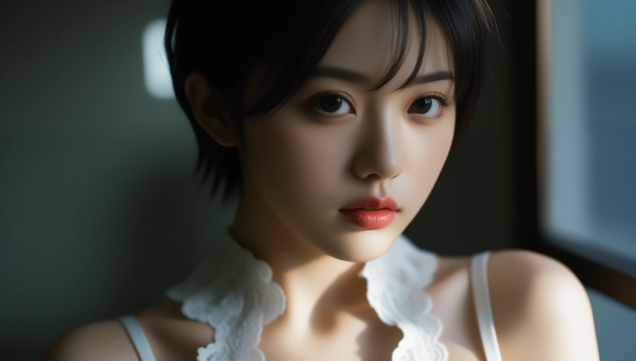 8k, Ultra-high resolution, Best Quality, masterpiece, 三分割法によるphotograph,Surreal, photograph, 1 , (Girl:1.3), cute, cute顔, 細部までBeautiful Eyes, 細かくdetailedに,masterpiece,一人Girl:1.2,Japanese women,Young Wife,extream close up,glaring,Black Short hair,Messy hair,ID photo,future,Brutal Cyberpunk Woman,Luxurious and gorgeous,Hotel room,Large windows,Skyscrapers,((Bondage fashion meets lace lingerie:1.5)),Overly decorative fashion,Lavish Decoration,(BDSM Mistress),(With collar),(Upper class lady:1.5),Expressions of despair,Dark and atmospheric lighting,Subtle details, detailedな顔,anger,Attractive eyes,(ポートレートphotograph:1.4),(Photorealistic images:1.4),Fantasy art,(Beautiful Face:1.4),美しくAttractive eyes、Beautiful Eyes,Silver Remaining,(Tight waist:1.4)、(Beautiful with perfect body proportions:1.4),Pink Lips,profile,(((Ideal body type))),A cup small bust :2,、Portraiture:2、Perfect Anatomy、鮮明なdetailed、detailed,Thin lips,完璧でBeautiful Face ,完璧でcute顔, Detailed skin, Perfect limbs、Narrow waist,Surreal,Light and Shadow,Fashion magazine cover,spotlight