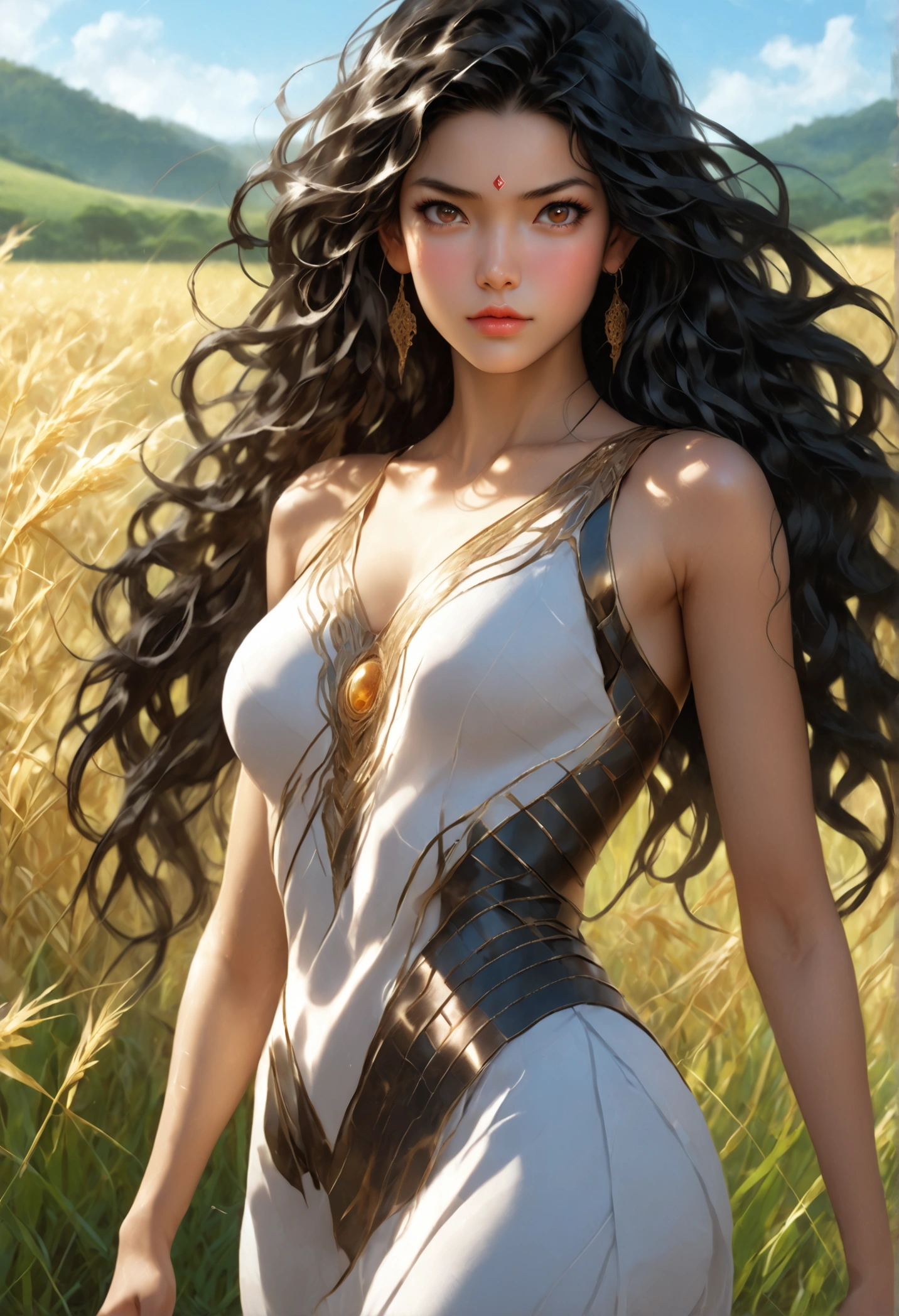 4K anime-style quality, digital rendering mode, female character, full-length body, Javanese-themed, long flowing crystal clear black hair with soft curls, shining brown eyes, sloppy design, standing in a sunny open field, radiant skin with tan, devoted and expressive, full body, dynamic pose, life-size, perfect anatomy, detailed skin texture, full HD, 4K, HDR, perfect anatomy, depth of field