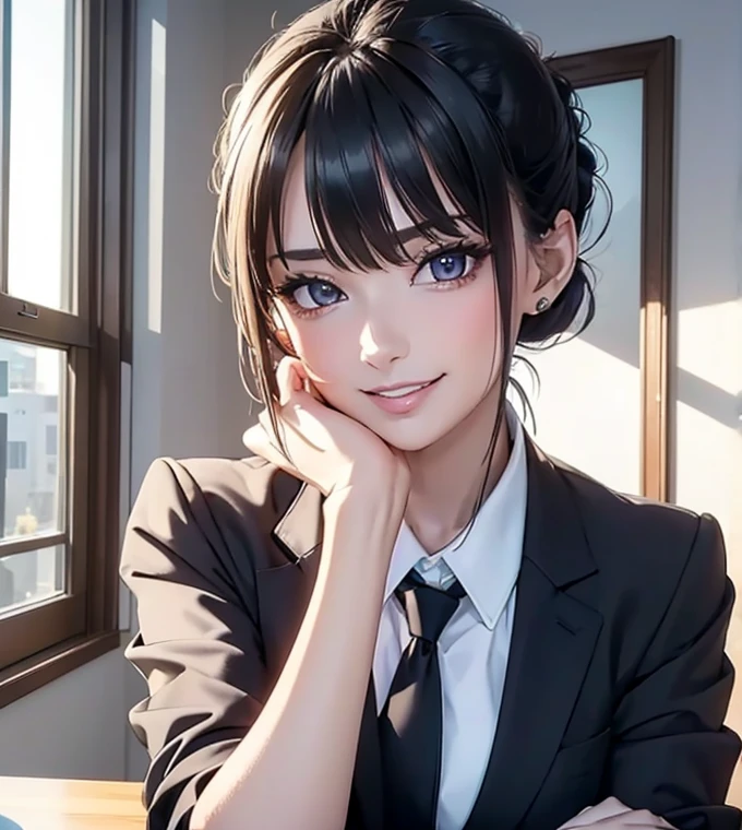 masterpiece, best quality, extremely detailed CG unity 8k wallpaper, (a beautiful girl),oil skin,intricate detail realism hdr,Photorealism, Hyperrealism, ultra realistic, dramatic light, intense shadows, gorgeous view, depth of field, Woman in ((business suit for women)), Hair in a bunched up updo, (Mouth open:1.1, Teeth:1.0, Smile),(((Pose to seduce a man))),business office