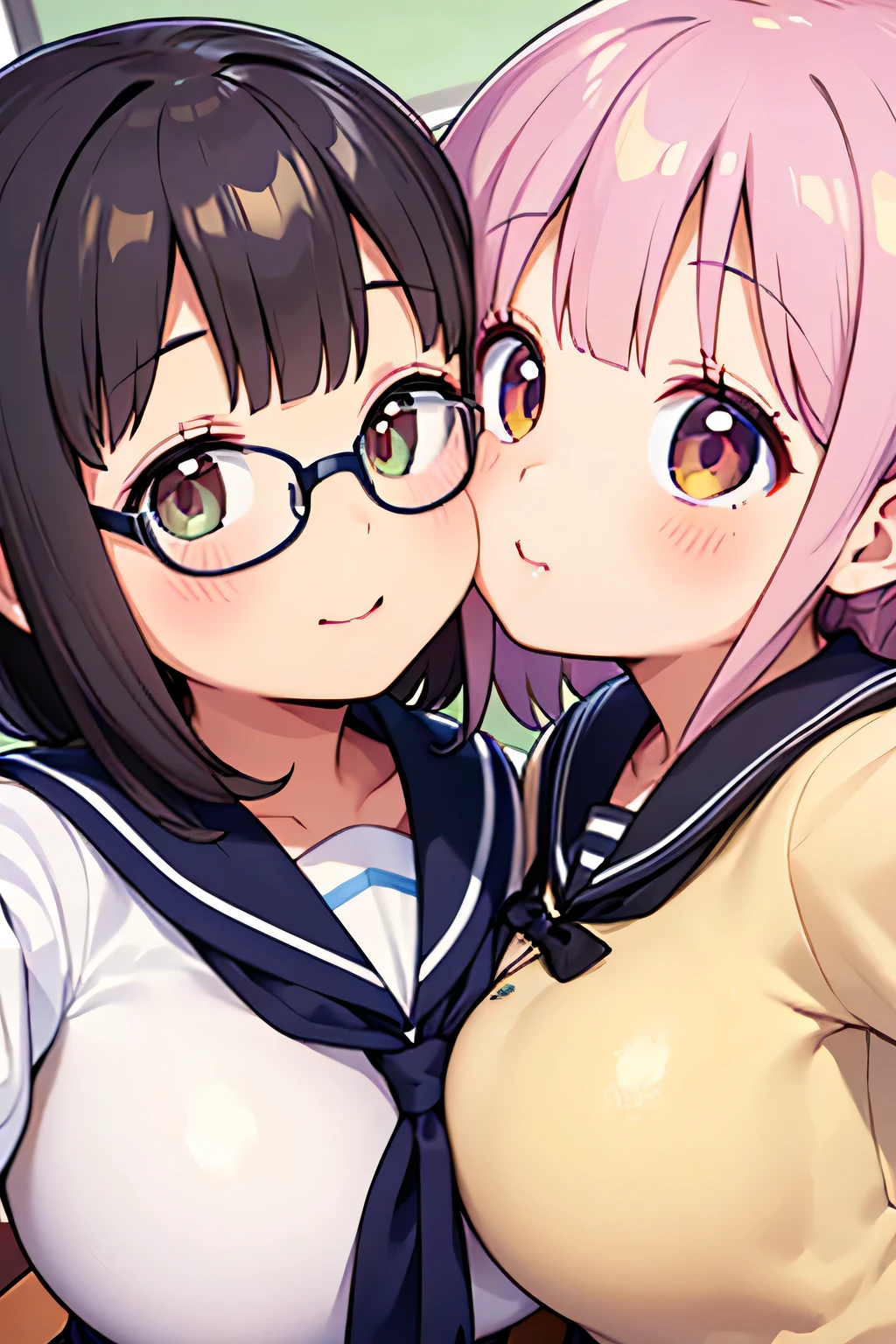 ultra-detailliert, Best Quality, High resolution, ((Two cute little girls with big faces and black hair.))、Pretty eyes、Detailed eye depiction、Eye sparkle、Sareme、Looking at Viewer, pale skin、(((Petite))), 　（Nude Maid Outfit）、(flat chest), (big glasses), (blush:1.2), （big eye：1.5）, Shy smile, NSFW,　in amusement park, Focus on the face, Long hair,　((The upper part of the body))、from side