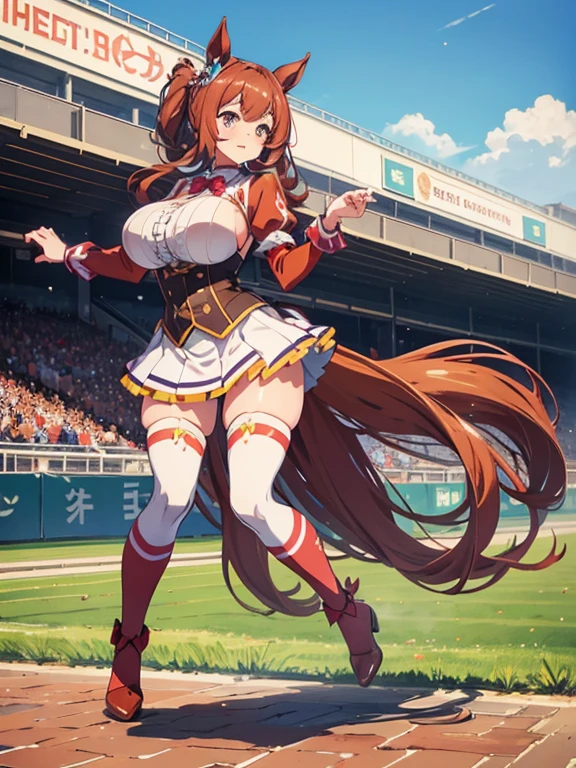 NSFW,red hair,twin tails,very big breasts,tiara,red and black track uniform,Jewelry Earrings,horse ears,horse tail,Uma Musume,blush,corruption,empty eyes,half closed eyes,evil smile,Navel exposed,tattoo,legs open,Keeping your hands on the ground,sticking out her pussy,(Sweat:1.5),Show whole body,background:athletics stadium
