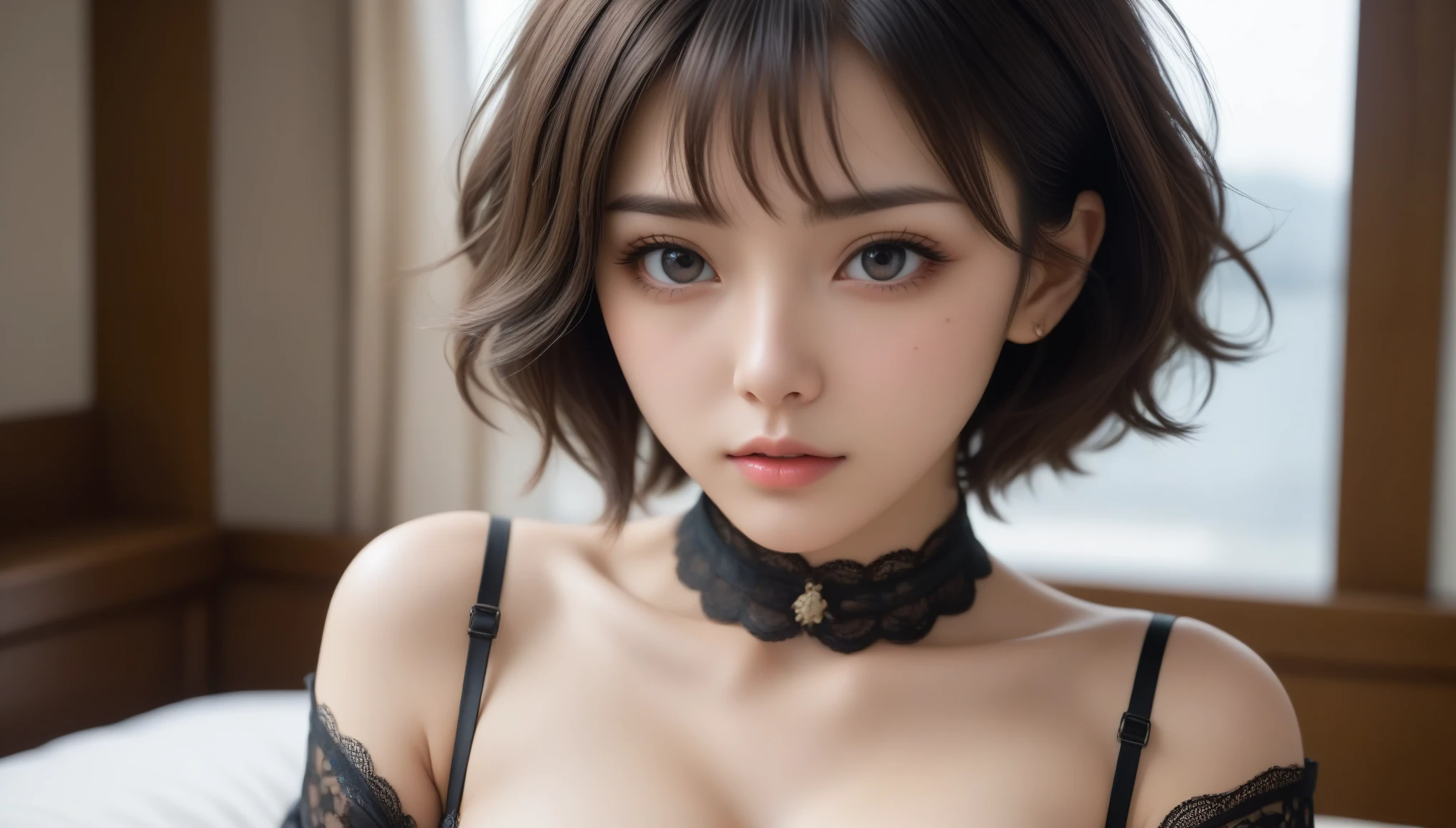 8k, Ultra-high resolution, Best Quality, masterpiece, 三分割法によるphotograph,Surreal, photograph, 1 , (Girl:1.3), cute, cute顔, 細部までBeautiful Eyes, 細かくdetailedに,masterpiece,一人Girl:1.2,Japanese women,Young Wife,extream close up,glaring,Black  Short hair,Messy hair,ID photo,future,Brutal Cyberpunk Woman,Luxurious and gorgeous,Hotel room,Large windows,Skyscrapers,((Bondage fashion meets lace lingerie:1.5)),Overly decorative fashion,Lavish Decoration,(BDSM Mistress),(With collar),(Upper class lady:1.5),Expressions of despair,Dark and atmospheric lighting,Subtle details, detailedな顔,anger,Attractive eyes,(ポートレートphotograph:1.4),(Photorealistic images:1.4),Fantasy art,(Beautiful Face:1.4),美しくAttractive eyes、Beautiful Eyes,Silver Remaining,(Tight waist:1.4)、(Beautiful with perfect body proportions:1.4),Pink Lips,profile,(((Ideal body type))),A cup small bust :2,、Portraiture:2、Perfect Anatomy、鮮明なdetailed、detailed,Thin lips,完璧でBeautiful Face ,完璧でcute顔, Detailed skin, Perfect limbs、Narrow waist,Surreal,Light and Shadow,Fashion magazine cover,spotlight