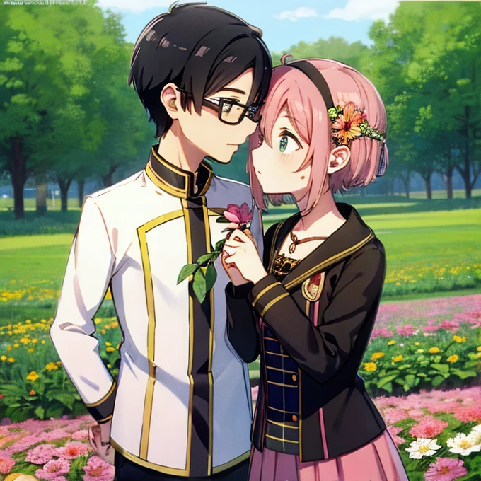 1 boy with black hair, red jacket and glasses romantically kissing a girl with pink hair and green eyes flower field in the background, amor verdadero, mejillas sonrojadas, alta calidad , Kanonno earhart from tales of the world radiant mythology 