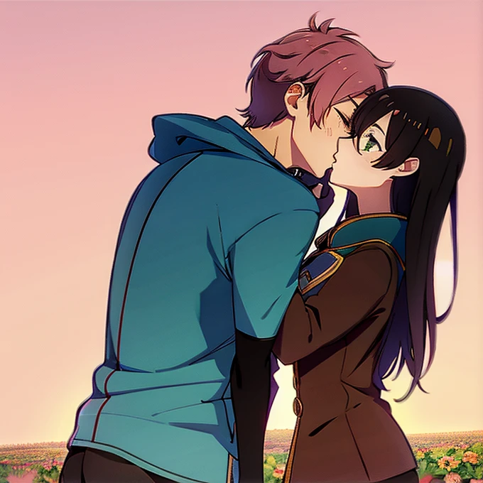 1 boy with black hair, red jacket and glasses romantically kissing a girl with pink hair and green eyes flower field in the background, amor verdadero, mejillas sonrojadas, alta calidad , Kanonno earhart from tales of the world radiant mythology 