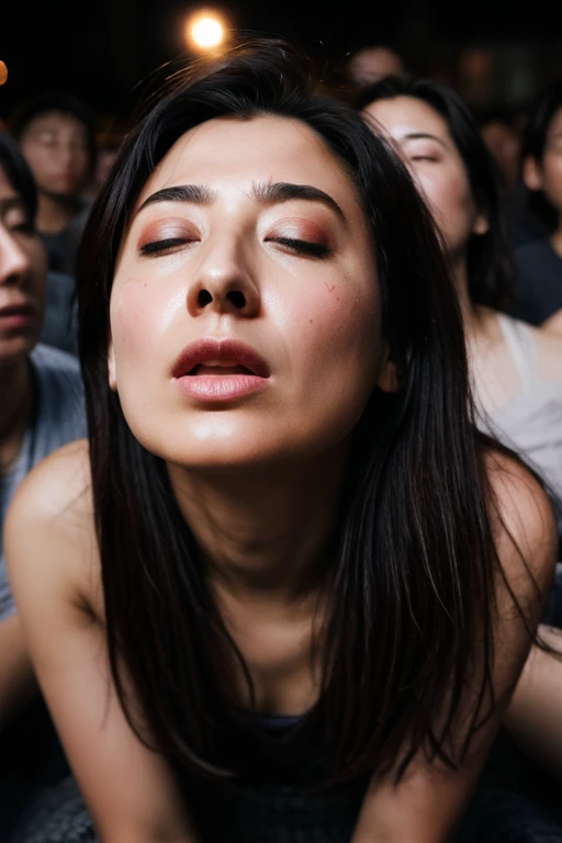 Flying debris,Award-winning photo, Very detailed, Edge Orgasm, Woman with open mouth and closed eyes , Sweaty, Glowing Skin、Lighting that highlights shiny sweat{{{Please spread the word }}}, Black Hair、nsfw,{{{{Crowd of male spectators}}}},(length, Narrow nostrils)、Illumination from below、Frowning,Beautiful Japanese,