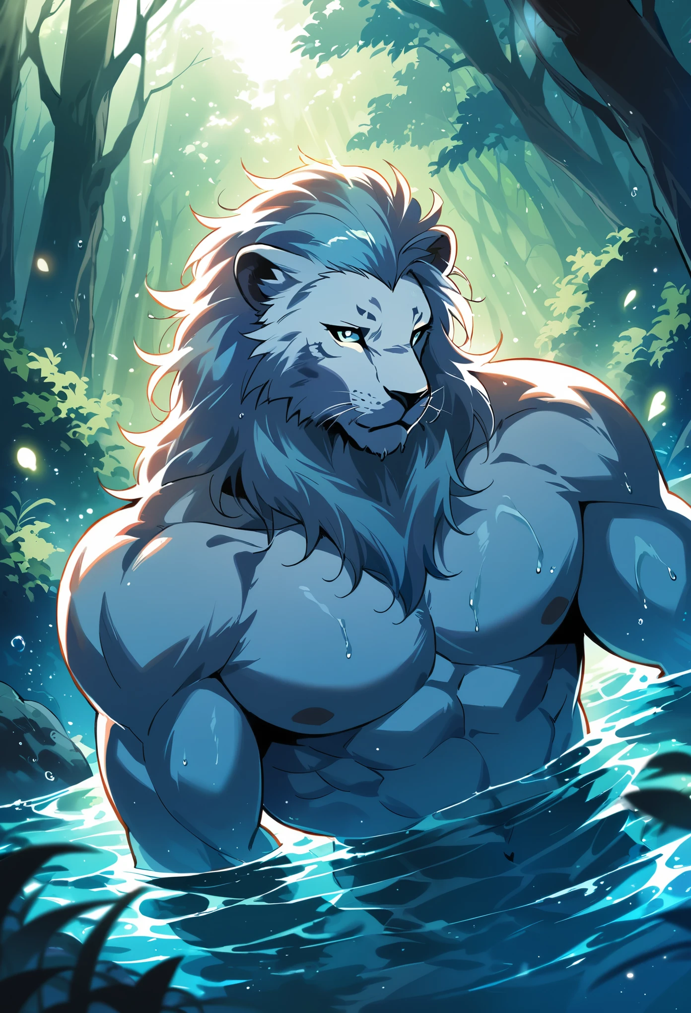 Furry style, furry characters, orcs running by the sea, summer evening, a majestic, savage, confident, strong white lion, no top to show muscles and abs, blue beach pants with casual clothes, shining stud earrings, smile reveals happiness, sweat beads shine on the skin, close-up of furry beard, confident and generous, blush stickers, beach as background. --auto --s2