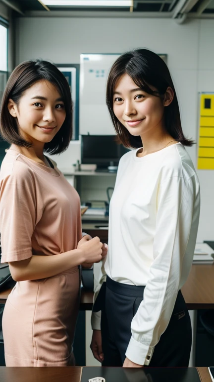 masterpiece , Highest quality , Very detailed , 8k , Cute Woman , One girl , blouse , bangs , smile , White teeth , Symmetrical eyes, 半袖blouse、mini skirt、Red Heels、Summer daytime、Talking with a friend in front of the campus building、