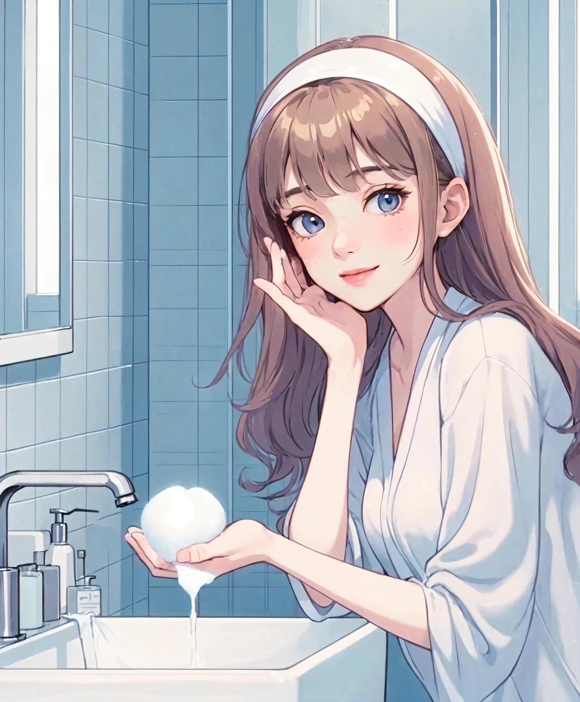 1lady solo, (standing in front of washbasin), (holding delicate white foam) in hand, (lounge wear), (mature female:0.7), /(reddish-brown hair/) bangs, headband, kind smile, (masterpiece best quality:1.2) delicate illustration ultra-detailed, large breasts, (skincare routine) BREAK (light blue room) indoors, washbasin, morning, detailed background