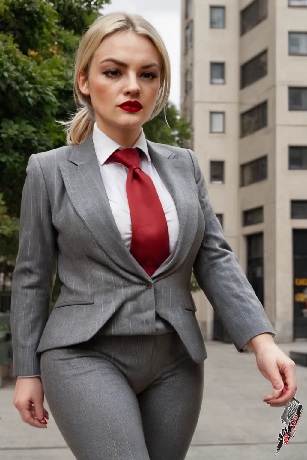 A beautiful young giantess woman with blonde hair in a braided ponytail and red lips, wearing a perfectly fitted grey pinstriped trouser suit and blazer (((three-piece suit))) with a large blade width and massive Windsor knot crimson red tie, a crisp white blouse, and black patent Louboutin high heels, stands in a massive city, towering over the skyscrapers at her feet. Her large breasts and curvy figure are prominently featured. She has a confident, slightly annoyed expression as she surveys the tiny destroyed city beneath her. The scene is captured from a high altitude with a cinematic lighting, creating a photorealistic and highly detailed illustration.