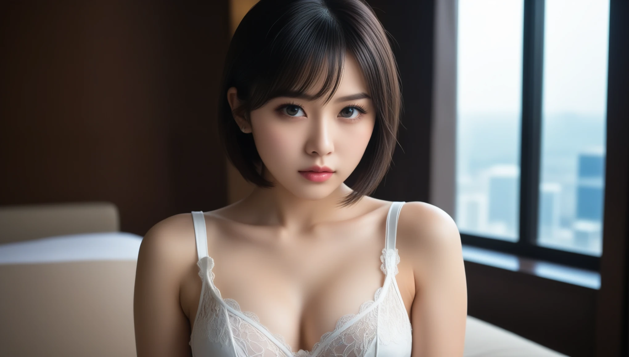 Best-quality, Masterpiece, Ultra-High-Resolution, (Photorealistic:1.4), Raw-Photo, at living-room, 1girl, the most famous Japanese idol, upper-body, (wearing black stylish-business-suit over white brassiere with gorgeous-design), looking at viewer, extremely cute face, ((extremely beautiful big-black-eyes)), extremely beautiful black-short-cut-haired, extremely beautiful skins, extremely beautiful long-eyelashes, extremely beautiful lips, extremely beautiful cleavage, detailed black-stylish-business-suit, detailed white-brassiere-with-gorgeous-design