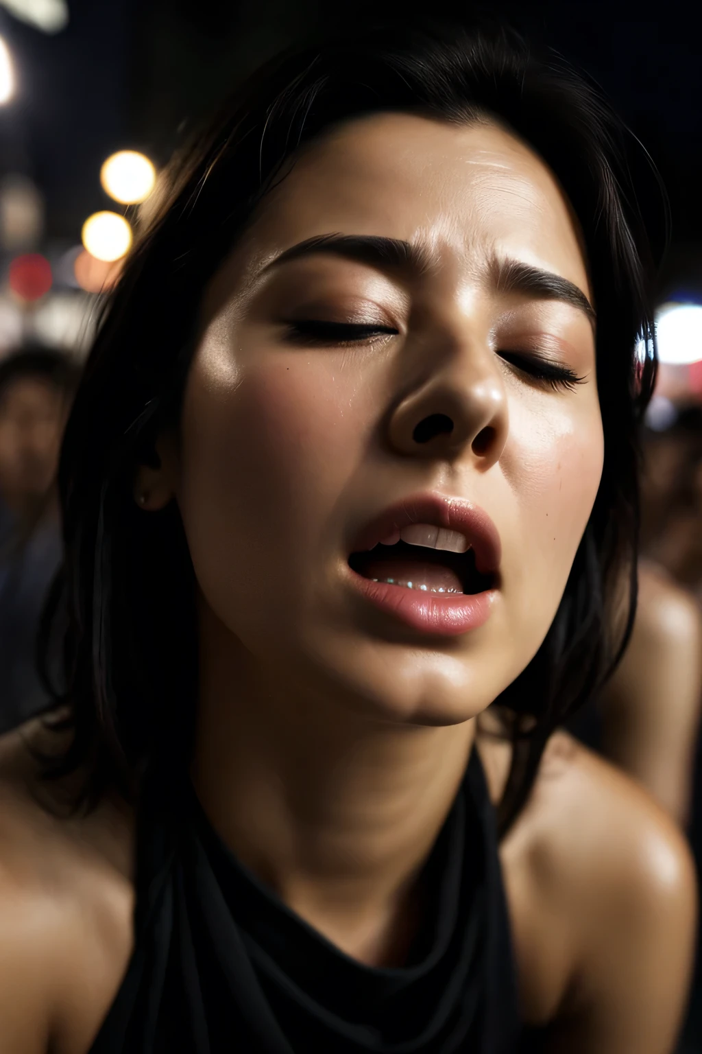 Flying debris,Award-winning photo, Very detailed, Edge Orgasm, Woman with open mouth and closed eyes , Sweaty, Glowing Skin、Lighting that highlights shiny sweat{{{Please spread the word }}}, Black Hair、nsfw,{{{{Crowd of male spectators}}}},(length, Narrow nostrils)、Illumination from below、Frowning,Beautiful Japanese,