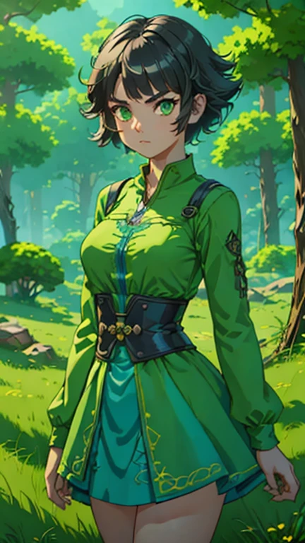 (1girl, Alone, Buttercup), (extremely detailed CG unit 8k wallpaper),(master part), (best quality), (ultra detail), (best illustration),(zeldawild), cowboy shot, (Sharp eyeliner, ombre, detailed eyes:1), forest, outdoors background, ,break,  (FanFo), upper body, black hair, green eyes, short hair, messy hair),