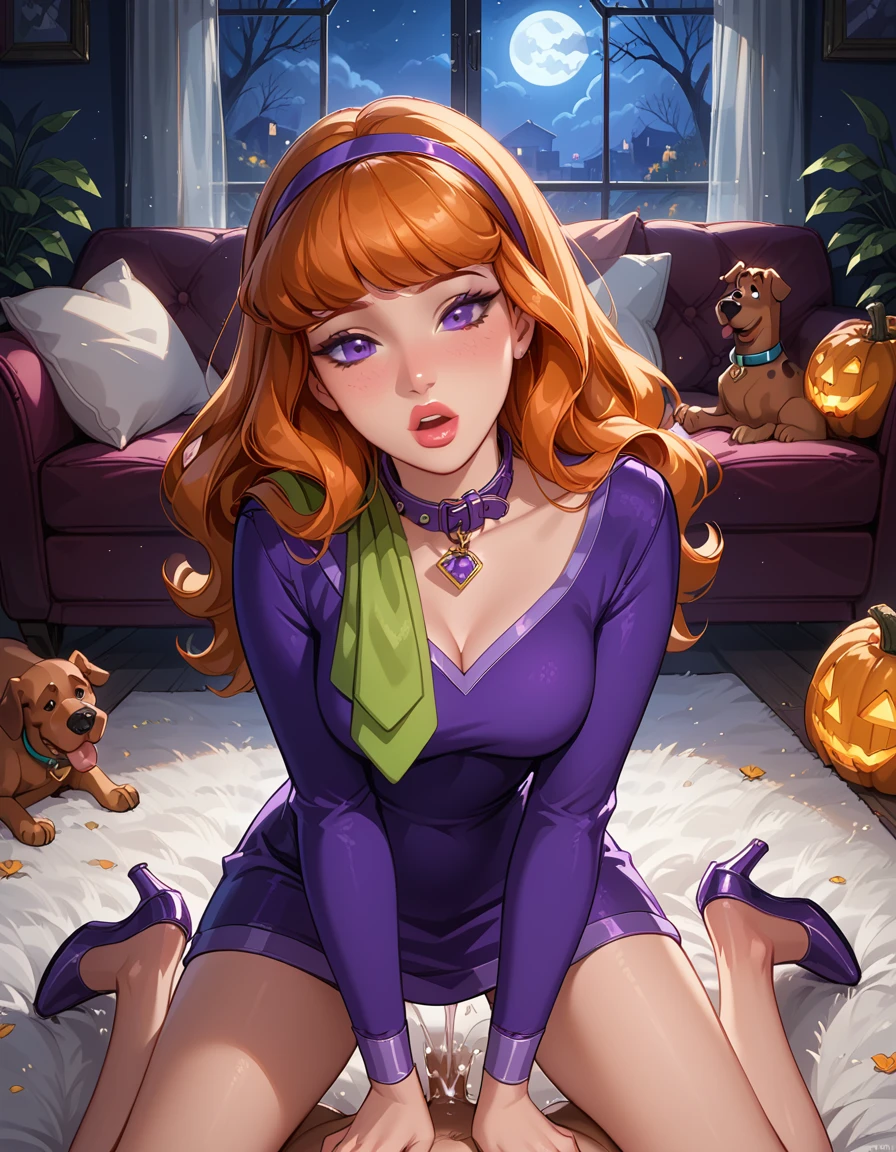 score_9, score_8_up, score_7_up, cinematic film still, solo, 1girl, very sexy (EPsbdDaphne, orange hair, long hair, purple eyes, purple hairband, green scarf, short purple dress, long sleeves, high heels:1.3), beautiful waifu, thicc, sex, vaginal penetration, dress pulled up, mounted from behind, (getting fucked by full grown Scooby, dog, collar:1.5), (size difference:1.3), doggystyle, animalistic, sexy look, half-closed eyes, head tilt, filled lips, thick lips, makeup, moaning in pleasure, on a plush carpet, in her living room, Halloween theme, haunted, night, dark, expressiveh d4rk01l, perfect hands, perfect proportions, POV.