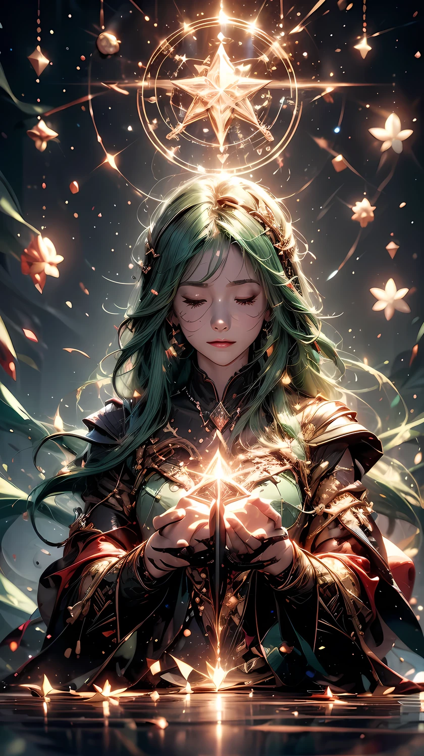 cinematic lighting, bust chart, first-person view, UHD, (((masterpiece, textured skin))), (super detail), high details, high quality, ((best quality)), 16k, Draw a large magic square in the background, glowing emerald green, A girl floating in the air, Yellow-green hair, long and lush, spreading out as if blowing up from below, ((Close her eyes)), concentrate, Open the spellbook, (spellbook), Light effect, thunderbolt