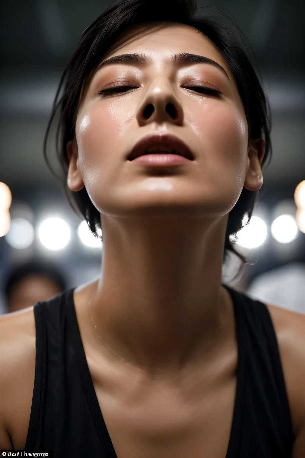 Flying debris,Award-winning photo, Very detailed, Edge Orgasm, Woman with open mouth and closed eyes , Sweaty, Glowing Skin、Lighting that highlights shiny sweat{{{Please spread the word }}}, Black Hair、nsfw,{{{{Crowd of male spectators}}}},(length, Narrow nostrils)、Illumination from below、Frowning,Beautiful Japanese,furrowed brow, raised eyebrows, frown