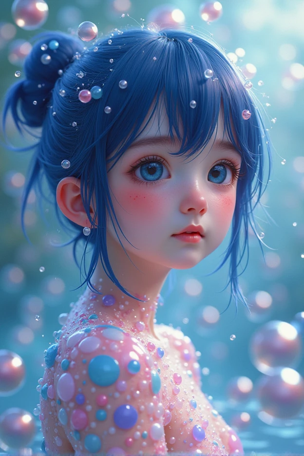 (((RAW Photos、Realistic、Hyperrealistic)))、(((全身Bubbleの女、Girl with bubbles all over her body、Bubbleの身体、Foam body、Bubble、foam、bubble)))、Super cute、Cute face、Teenager、七色のBubble、colorful、Indigo Hair、Embarrassed expression、(((Red cheeks and nose:0.2)))、Bubbleの背景