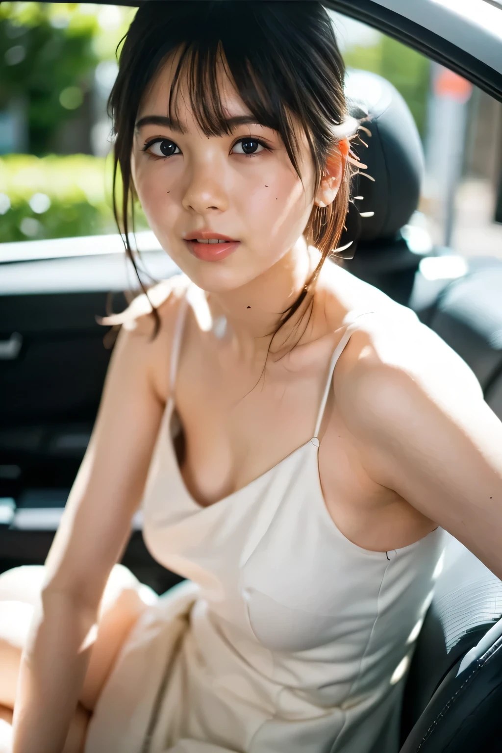 A woman is sitting in the passenger seat of a car...., Japanese Model, Young and sexy gravure idol, A true young gravure idol, Surreal,Provocative,((Beautiful Skin)),((Skin Texture)),((Real Touch)), healthy, Redness-free skin, Cute freckles on the cheeks,Mole under left eye,Thighs