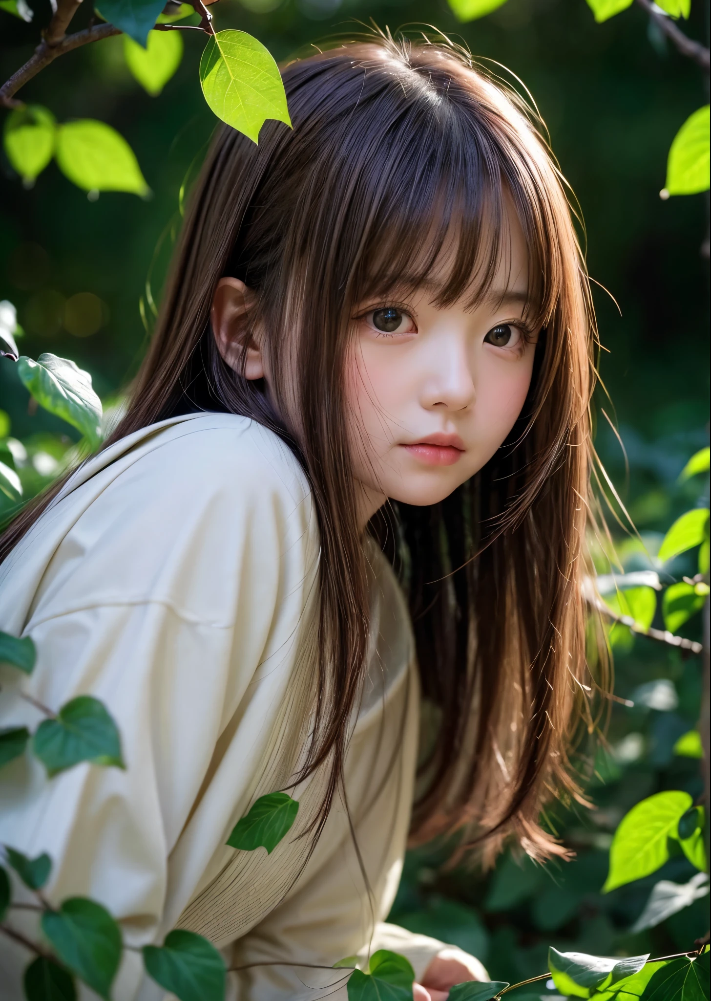 1 Female、、Long hair with bangs、Standing in a heart-shaped hole in the ivy leaves wrapped around a thick tree、Cute girl、In the forest、Pale Moon Night、The moon is half hidden by the clouds、Fantastic、High color reproducibility、Attention to detail、、Fascinating、Cinematic lighting、Focus on faces、