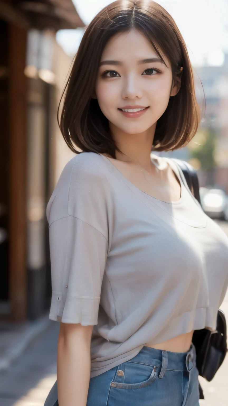 8k、Highest quality、Ultra-wide-angle lens、(Representative Works:1.2)、(Real)、(Real:1.37)、Ultra-high resolution、One female college student、Droopy eyes、Beautiful teeth alignment、smile、Well-formed fingers、Long Hair、Around town、(Casual clothes are cute)、Big Breasts、Perfect Body、Perfect Fingers、Beautiful Skin、Professional Lighting、gravure、Face and skin details、Microparticles、RAW Photos