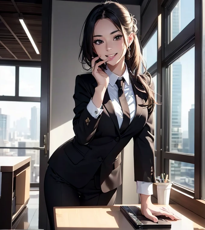 masterpiece, best quality, extremely detailed CG unity 8k wallpaper, (a beautiful girl),oil skin,intricate detail realism hdr,Photorealism, Hyperrealism, ultra realistic, dramatic light, intense shadows, gorgeous view, depth of field, Woman in ((business suit for women)),Hair in a bunched up updo, (Mouth open:1.3, Teeth:1.0, Smile),(((Pose to seduce a man))),business office