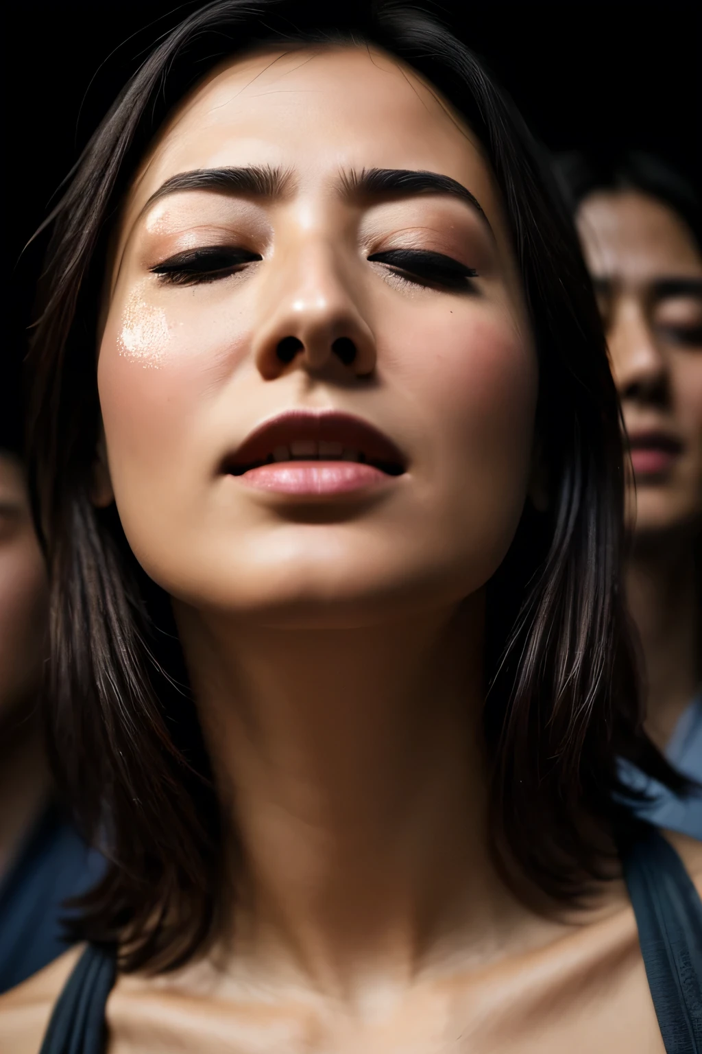 Flying debris,Award-winning photo, Very detailed, Edge Orgasm, Woman with open mouth and closed eyes , Sweaty, Glowing Skin、Lighting that highlights shiny sweat{{{Please spread the word }}}, Black Hair、nsfw,{{{{Crowd of male spectators}}}},(length, Narrow nostrils)、Illumination from below、Frowning,Beautiful Japanese,