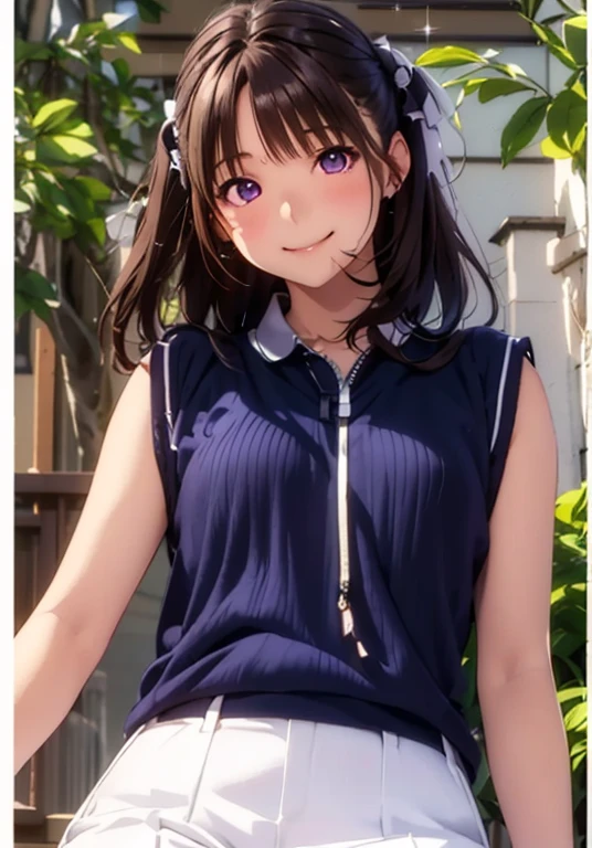 High resolution,In 8K,Best Quality,detailed,Semi-realistic anime,3D anime style,Smooth anime CG,One Girl,Japanese women,slim,Modeling,Shiny brown hair,(((Beautiful medium length hair up to the shoulders))),(Sleeveless with collar),(((White trousers))),detailedな顔,Beautiful and detailed,Glowing Skin,((Female college student)),Sexy messy hair,Angelic hairstyle,(Small breasts),(((Deep violet sparkling eyes))),(((Shut your mouth.))),((Smile))