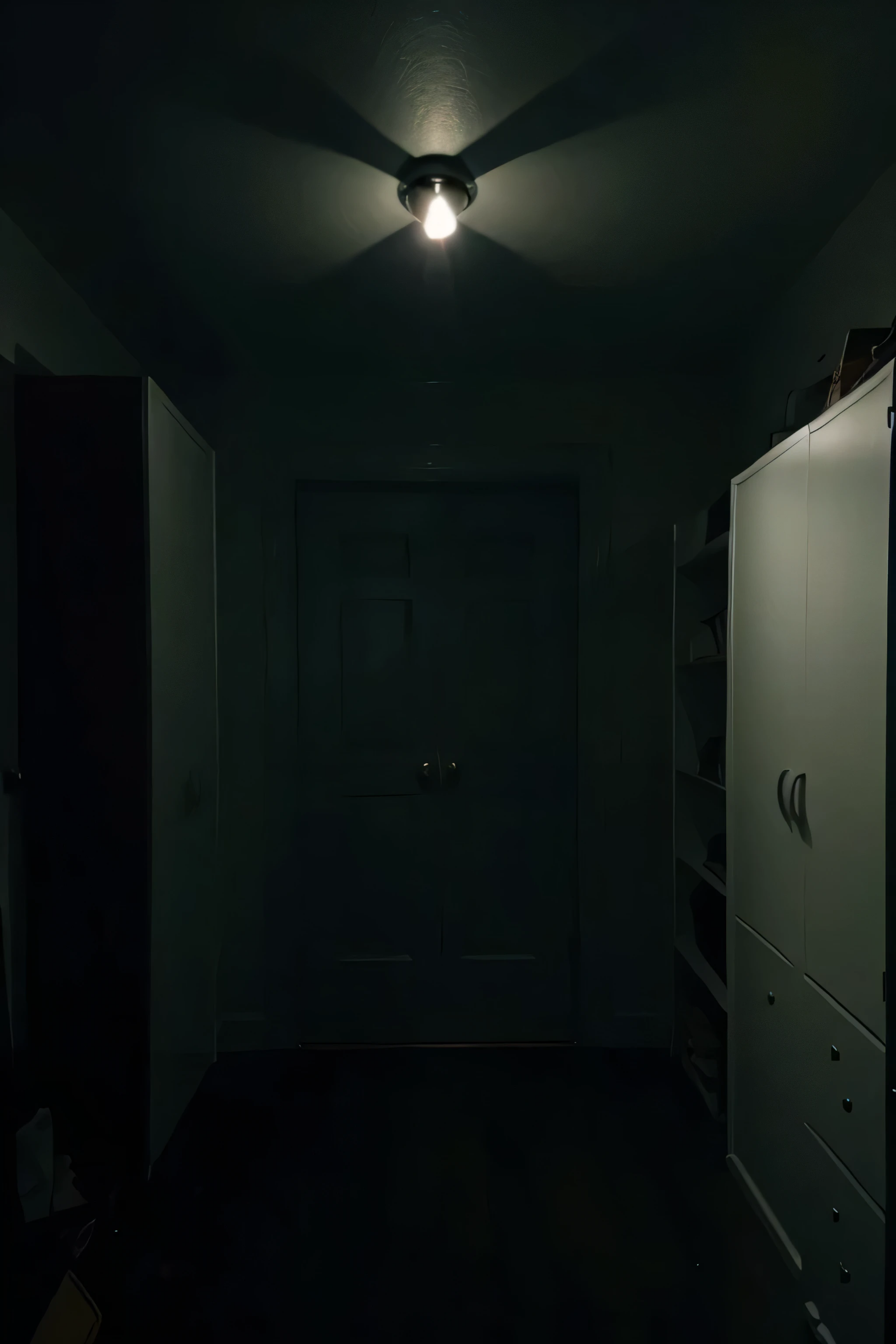 A first-person view of an eerie, dimly lit hallway in an abandoned house at night. The scene is illuminated by a flashlight held in the right hand of the person, revealing cracked walls and an old, decaying door at the end of the hallway. The person is wearing a gold bracelet, and the shadow of their arm is cast on the wall. The atmosphere is tense and suspenseful, evoking feelings of fear and anticipation.
