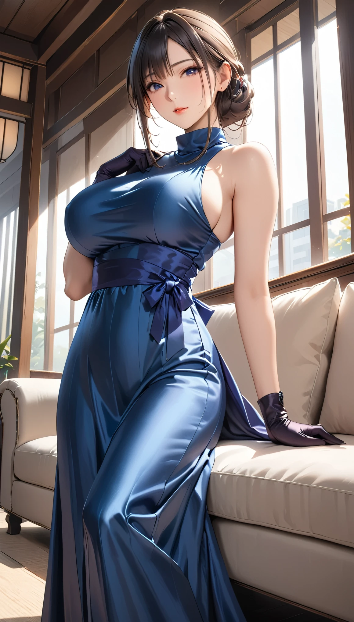 (masterpiece,Best Quality,Ultra-high resolution),Inside the Western-style building,One Japanese woman,In heat,A seductive and alluring expression,Her beautiful long hair is tied back,bangs,,Pursing his lips, (((Very beautiful 20 year old))),Big Breasts,Breast bag,(Navy blue satin high-necked tight long dress:1.8),(Tight fit),Bodyline,(Satin Opera Gloves:1.8)、Satin has a very strong luster、(He is spreading his arms wide out to the sides, facing me.)),(Lying on the sofa with legs spread:1.8),Satin black panties