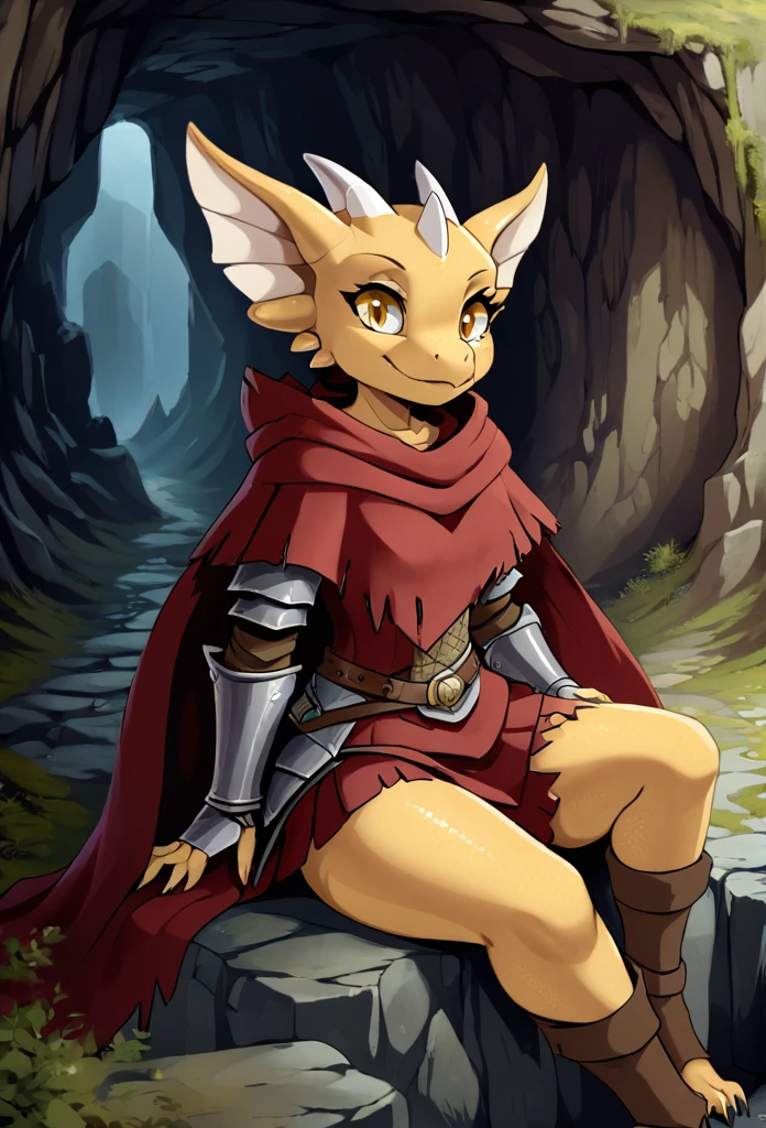 anthropomorphic kobold, female, she has well-detailed gold scales, she has curved horns with white divisions, she has long furry ears, she has beautiful well-detailed yellow eyes, she has wide hips, she is wearing a medieval armor, she is wearing a ruined and torn light brown poncho, she is sitting on a rock in a cave, in the background there are some stalagtites, 2d art style, full body view from the front and looking at the viewer with a happy face .