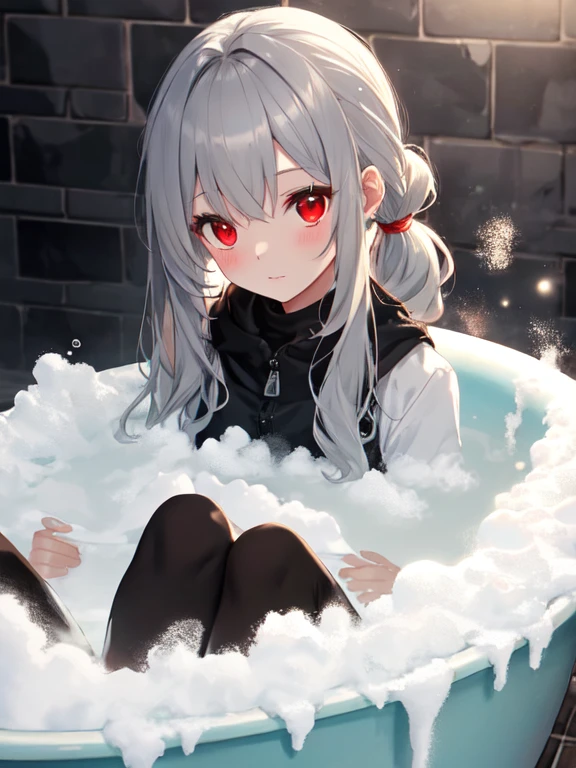 (masterpiece, sidelighting, finely detailed beautiful eyes: 1.2), ((Best quality)), ((masterpiece)), (highly detailed:1.3), anime, (black painted face, made of black slime), covered in white and black goo, loli, slime girl, messy, black/white slime, small chest, head covered in white goo, extremely long hair, red eyes, hair over left eye, merged with goo, melting body, dripping with slime, white/black body color, liquid body, white skin color, liquid hair, slime covered hair, white hair, black stains over body, lamia,