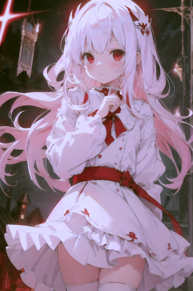 beautiful illustration, best quality, cute petit girl, (transform sequence), transform magical girl, chibi, white magical girl, fractal art, albino, babyface, long pure white and red mesh hair, beautiful detailed red eyes, cinematic lighting, cowboy shot, looking at viewer, from bottom, happy