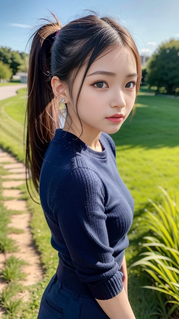 masterpiece, Ultra-high resolution, 4K, Best Quality, 1 person, (whole body), Beautiful and exquisite face, Beautiful, smooth skin, Skin Texture, high school student, Sparkle in your eyes, Baby Face, Dynamic pose, 20 years old, Blue mesh hair color, knit, Black trousers, night, meteor, comet, Starry Sky, grassland, Spectacular views, ponytail, Scrunchie, 