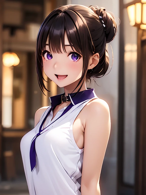 High resolution,In 8K,Best Quality,detailed,Semi-realistic anime,3D anime style,Smooth anime CG,One Girl,Japanese women,slim,Modeling,Shiny brown hair,(((Beautiful medium length hair up to the shoulders))),(Navy sleeveless top with collar),(((White trousers))),detailedな顔,Beautiful and detailed,Glowing Skin,((Female college student)),(Small breasts),(((Deep violet sparkling eyes))),(((Open your mouth a little))),((A happy smile))