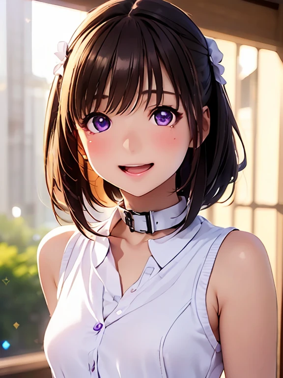 High resolution,In 8K,Best Quality,detailed,Semi-realistic anime,3D anime style,Smooth anime CG,One Girl,Japanese women,slim,Modeling,Shiny brown hair,(((Beautiful medium length hair up to the shoulders))),(Navy sleeveless top with collar),(((White trousers))),detailedな顔,Beautiful and detailed,Glowing Skin,((Female college student)),(Small breasts),(((Deep violet sparkling eyes))),(((Open your mouth a little))),((A happy smile))