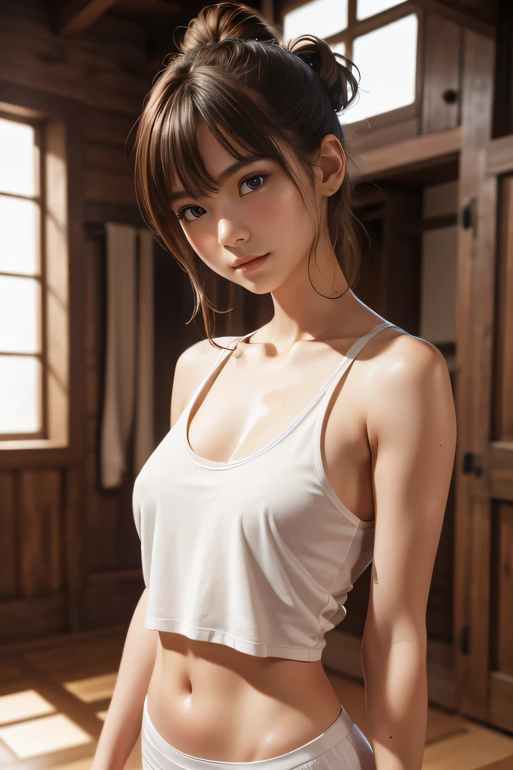 1girl, (white tank top,red short homemade),brown hair,Bun hair,long side hair,standing a room,bare Belly,nipples, detailed face, detailed eyes, huge breasts:1.4 ,body slim, shiny skin, looking at the audience, (8k, RAW photo, best quality, masterpiece: 1.2), (realistic, realistic: 1.37), ultra-high resolution. sweat:1.6