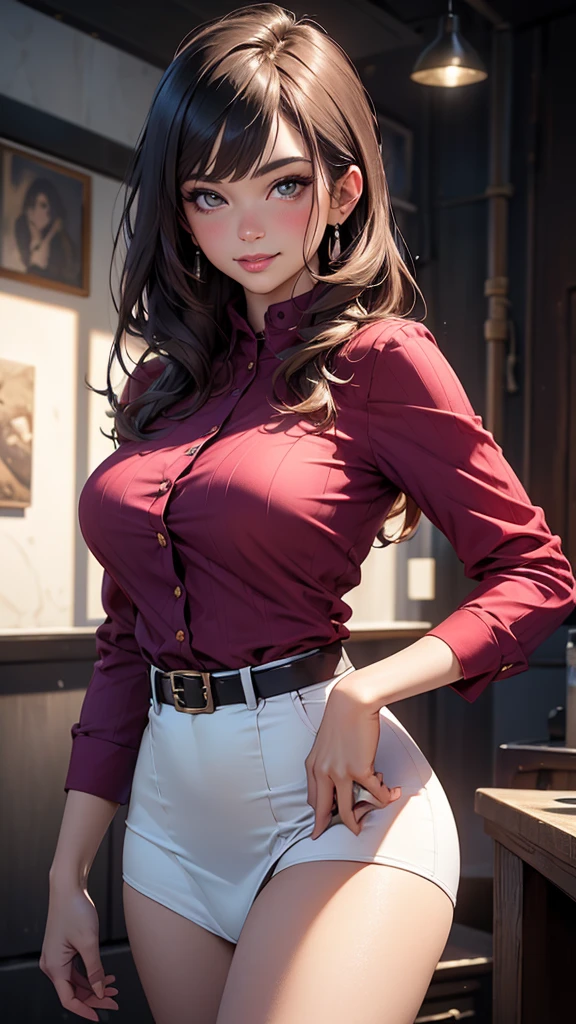 1girl, masterpiece, high resolution, extreme detail, nvidia rtx, 8k, hdr, beautiful 18 year old with dark skin on her knees, kneeling down, legs spread apart, thighs spread apart, auburn hair , hair in huge twin ponytail, cheeks blushing, very dark lipstick, dark skin, sweater:1.0, ((blouse:1.5)), ((unbuttoned:1.5)), ((unzipped:1.0)), bra:1.0, ((pink :1.0)), scarf, ((mini skirt:1.2)), ((white tights:1.2)), large breastsage:1.0, classroom, sunlight, sunbeams, volumetric lighting, subsurface scattering, 3/4 long s cowboy shot, shot from below, low angle shot, sexy pose, seductive pose