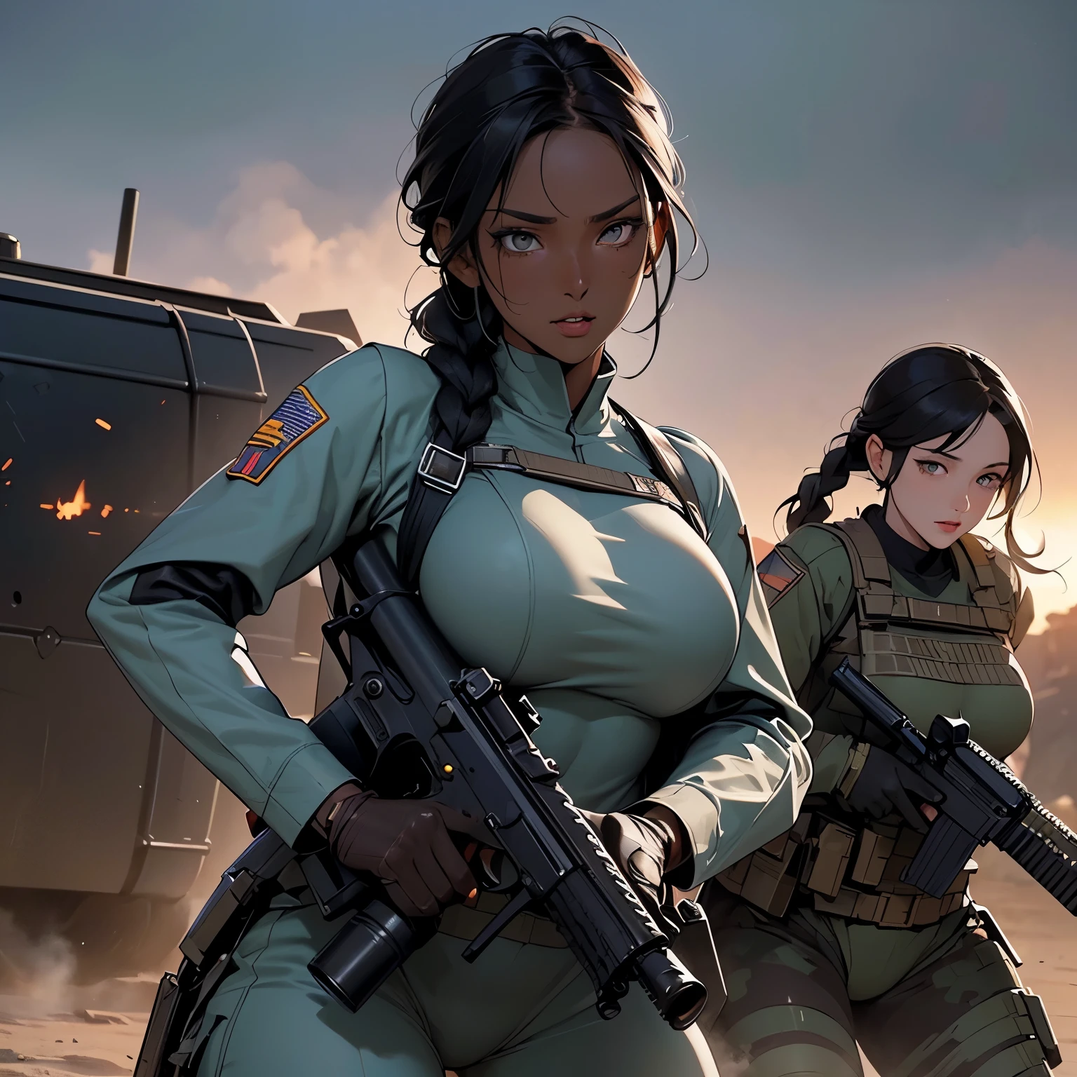 nsfw, Anime screencap, 16k, very wide shot, perfect anatomy proportion body, action, A dynamic composition with a sense of speed and movement, Camouflage-colored heavy armor steam engine full armor powered suit,(Many sexy female soldiers having a gunfight in the background, Shoot an assault rifle, shooting:1.6), 40age, perfect beautiful delicate sexy face, perfect beautiful delicate eyes, braid-in-braid black hair, (dark skin:1.6), huge breasts, abs, Many heavily armored steam engine robot soldiers having a gunfight in the background, Bullets flying, Desolate desert battlefield, war, Post-apocalyptic,