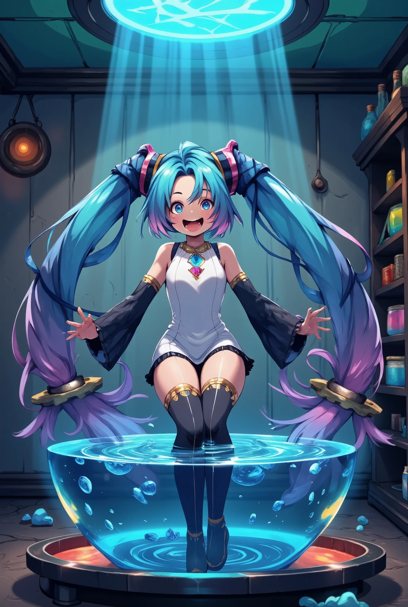 (masterpiece、Best Quality、Best Quality、Official Art、Beautiful and beautiful:1.2)、(One person:1.3)Hatsune Miku、Twin tails,Beautiful breasts,masterpiece, High resolution, Beautiful girl in anime style, In a dirty Erlenmeyer flask, Immersed in liquid, Homunculus, Magic Circle, Small room with fluorescent flash, Perfect and beautiful girl, No clothes, Illuminated from within, Staring at the audience, Laughter, 3D Rendering, perspective, wonderfulアニメイラスト, Impressive lighting, wonderful, Dangerous, Monstrous