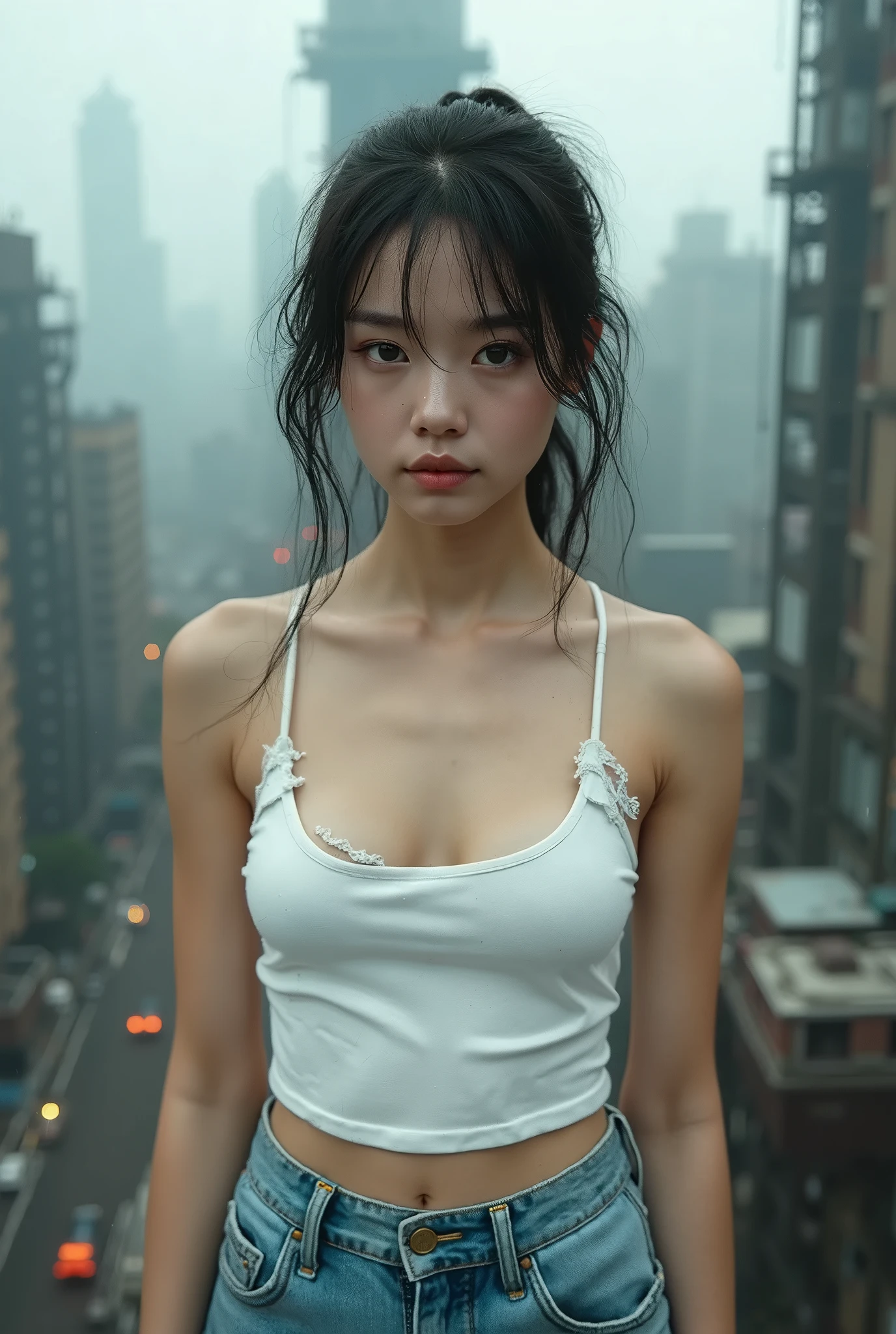 (Realisticな, photo-Realisticな:1.37),(8k, RAW Photos, Highest quality, masterpiece:1.2), Ultra-detailed, 超High resolution, Kodak Vision Color, Filmed with an Arricam LT camera,Highest quality, Lively, 8k, High resolution, 1 female, Japanese、Escape, (Professional Lighting), (Portraiture:0.6), Black Hair, (Medium Hair),22 years old、(masterpiece), (Very complicated:1.3), (Realistic), ((Short Undercut , Upper Body, compensate:1.3, Upper Bodyは裸、Grab your chest with both hands、Cover your chest with your hands、Serious look、Leather hot pants, The rooftop of a dilapidated building、in the middle of a fight、Abandoned Building、Fighting with a Japanese sword、Outdoor, ((Cyberpunk Street)), Professional photos, Sharp focus, dramatic, Cinema Lighting, Volumetrics dtx, (Film Grain, Blurred Background, Blurred foreground, Bokeh, Depth of written boundary), 8k