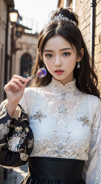 absurdres, RAW photo, extremely delicate and beautiful, masterpiece, Best Quality, ultra high resolution, 16k, hyperrealistic, ultra-detailed, perfect ???????, super Detailed skin, perfect figure, Very detailed CG 8k wallpaper, in her 20s, very Slim body, narrow waist, very small head, very small face, delicate facial features, tearful mole, earring, thin legs, (very huge round breasts:1.1), (full body shot:1.3), 1 girls, short hair, wavy hair, wet, (school uniform:1.3), (blazer:1.1),