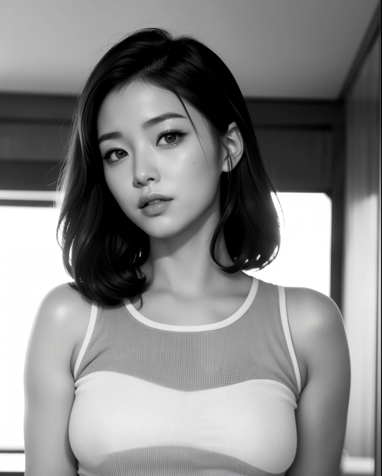 Photo of a Beautiful europan kpop idol Woman, Summer, Lustful, film grain, Ilford HP5, 80mm