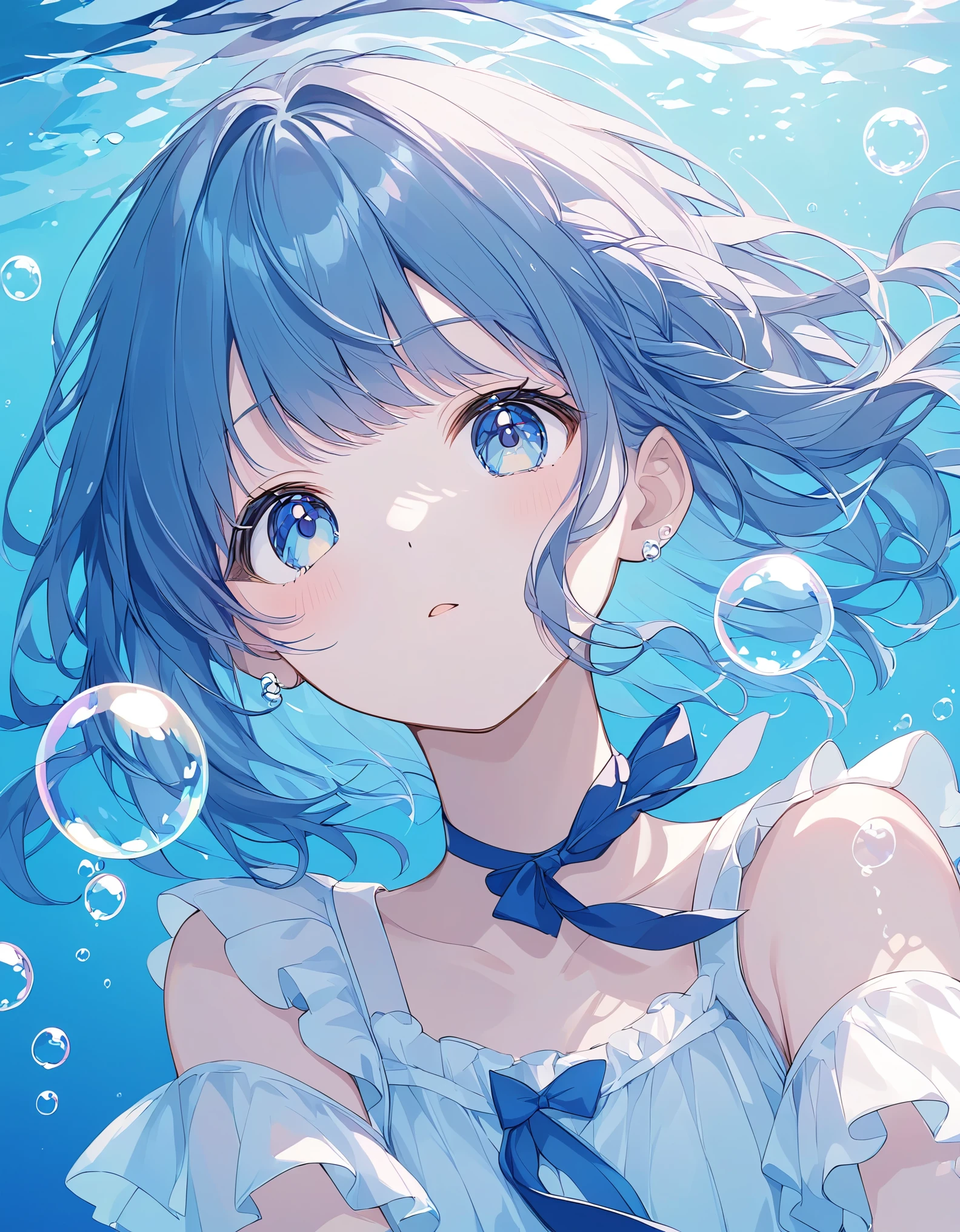 Light lines and light colors、A work that mainly uses bubbles、Beautiful bubble expression、Girl in the water、cute、The contrast between the deep blue and light blue of the deep sea