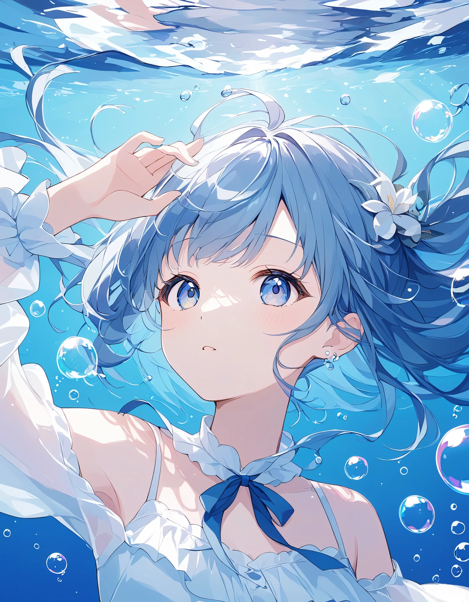 Light lines and light colors、A work that mainly uses bubbles、Beautiful bubble expression、Girl in the water、cute、The contrast between the deep blue and light blue of the deep sea