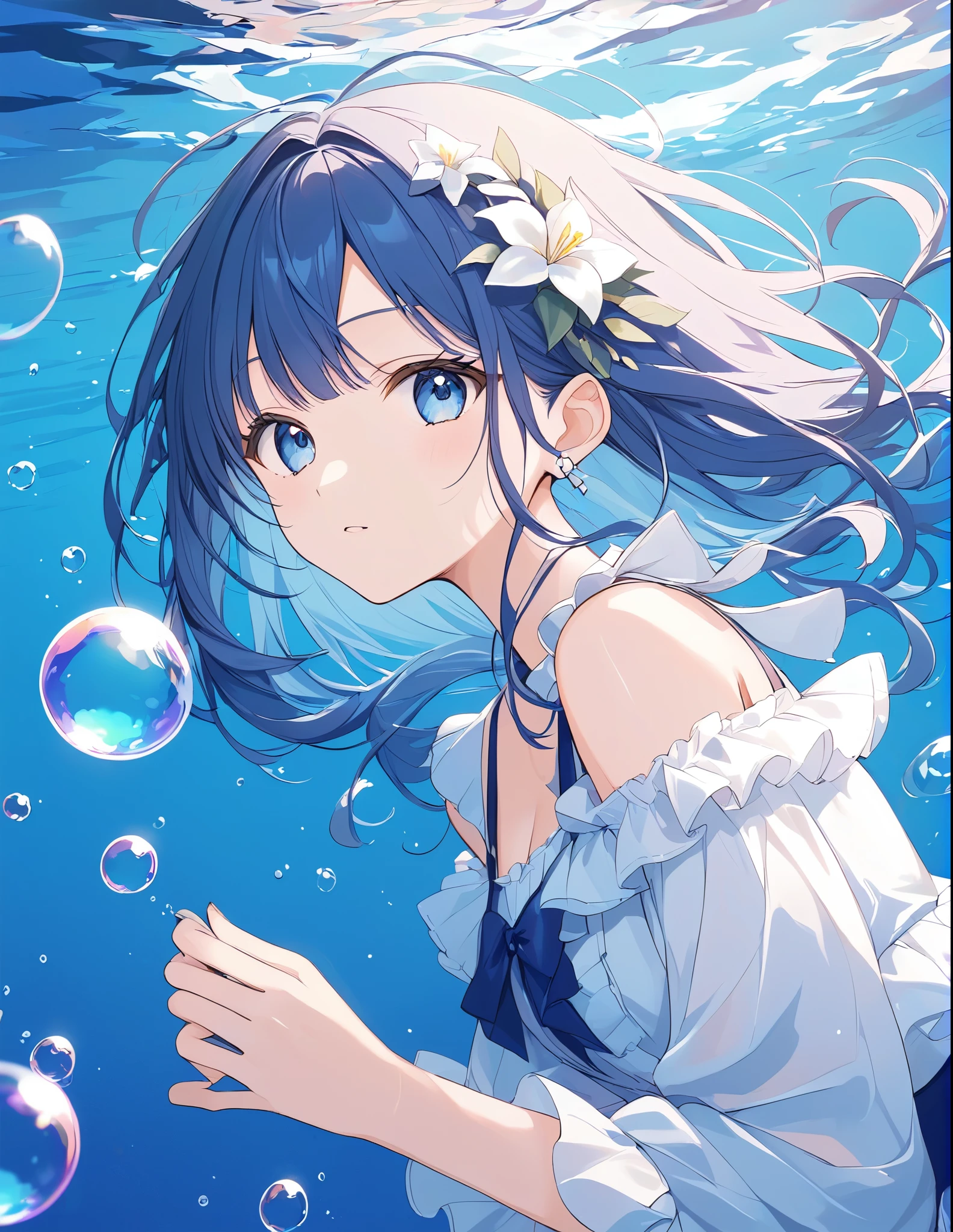 Light lines and light colors、Bubbles spread all over、A work that mainly uses bubbles、Beautiful bubble expression、Girl in the water、cute、The contrast between the deep blue and light blue of the deep sea