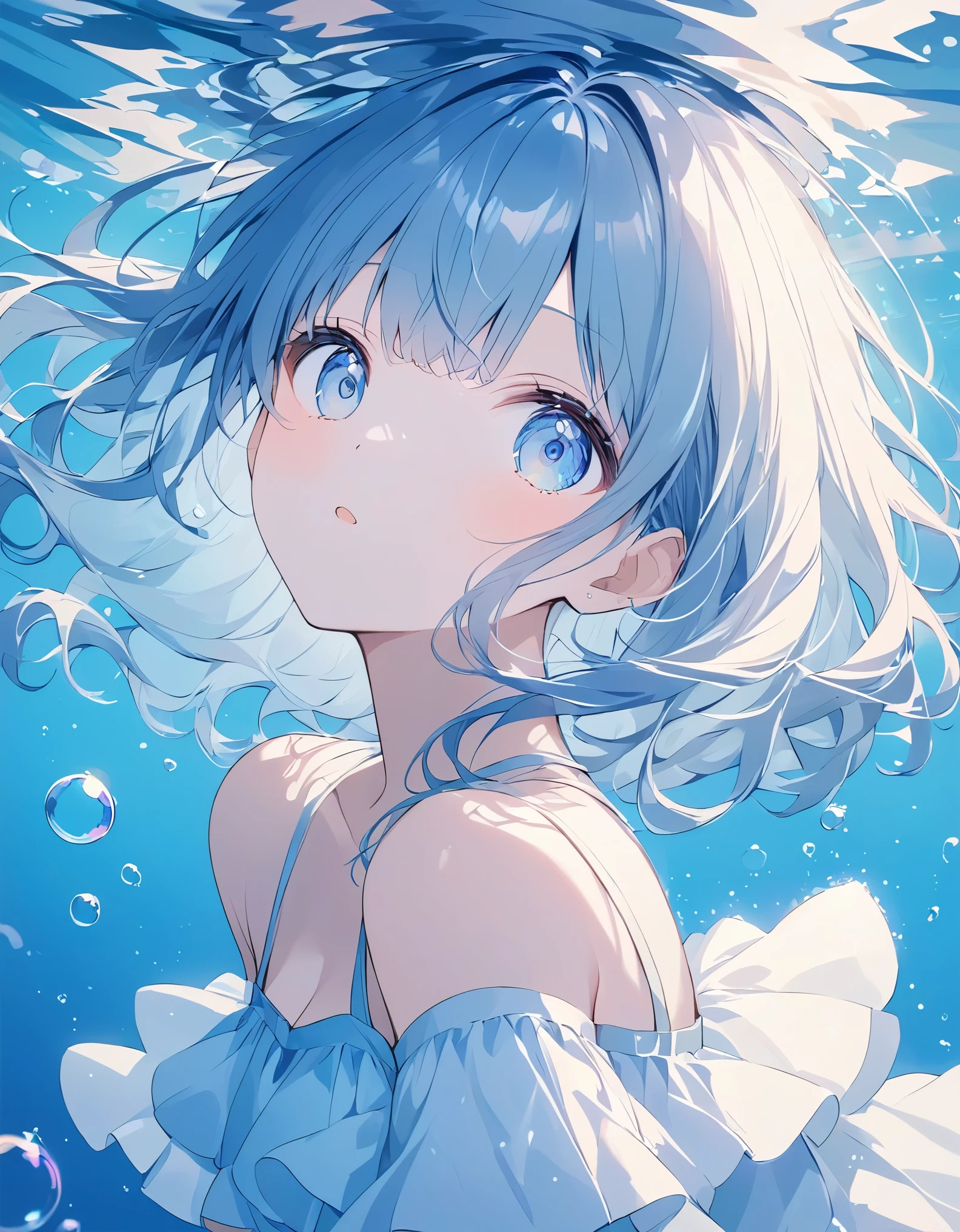 Light lines and light colors、A work that mainly uses bubbles、Beautiful bubble expression、Girl in the water、cute、The contrast between the deep blue and light blue of the deep sea